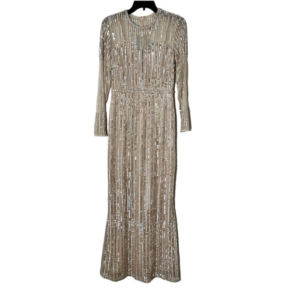 FLAWED NWT Mac Duggal Sheer Full Sequined A-Line Gown Dress in Rose Gold size 4 - Picture 3 of 13
